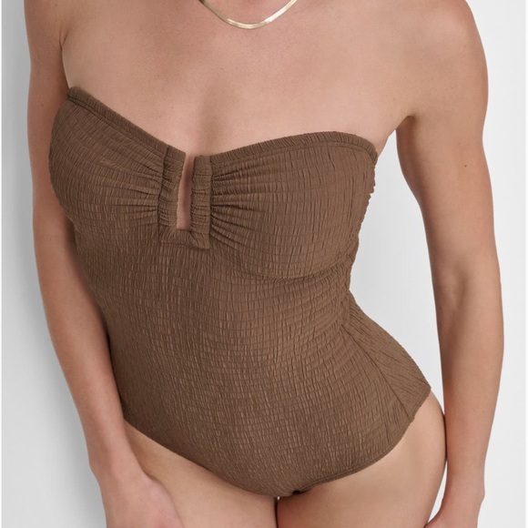 DKNY Bandeau Shirred One-Piece Brown Swimsuit NWOT - Picture 2 of 11